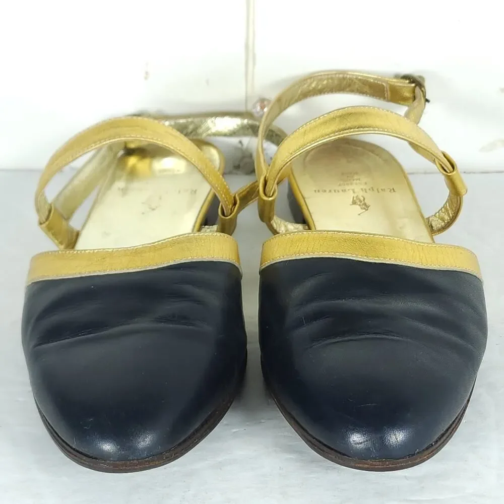 Ralph Lauren Women's Vtg US 7D Black Gold Leather Slingback Flats Sandals Shoes